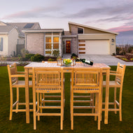 7 Piece Teak Wood Maldives Patio Bistro Bar Set, 63" Bar Table, 2 Barstools with Arms and 4 Armless Barstools - Chic Teak