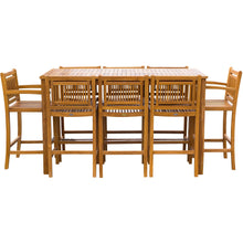 9 Piece Teak Wood Maldives Patio Bistro Bar Set, 71" Bar Table, 2 Barstools with Arms and 6 Armless Barstools - Chic Teak