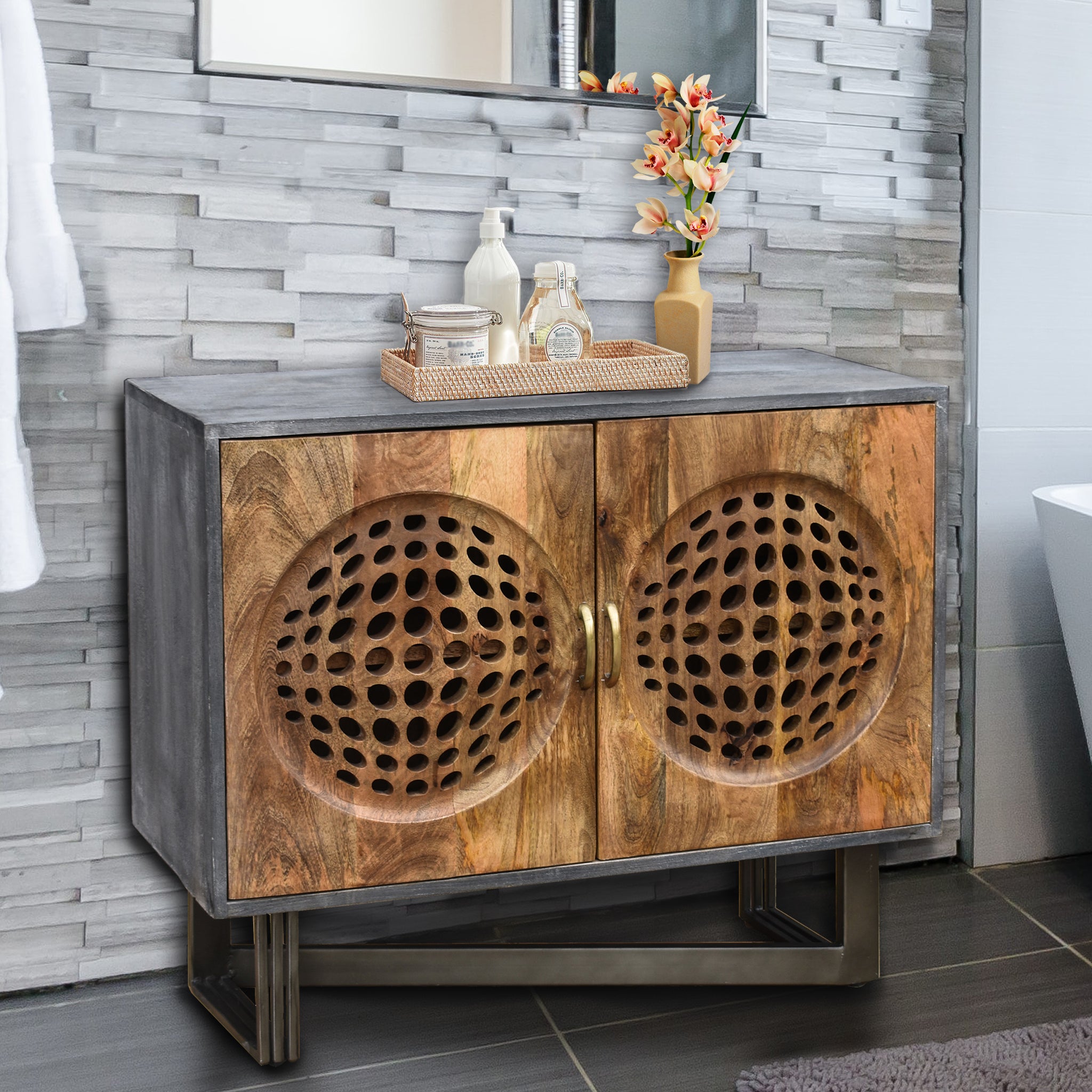 Lamat Recycled Mango Wood Bathroom Linen with 2 doors by Chic