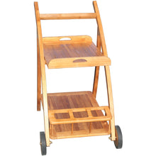 Teak Wood Serving Trolley with Serving Tray, Bottle Holders and Rubber Wheels - Chic Teak